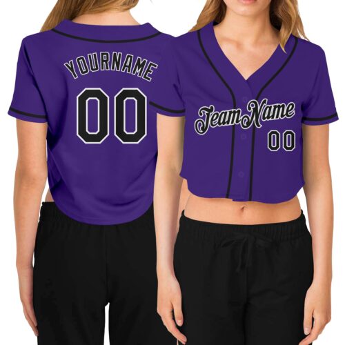Cropped0185 Custom Women's Purple Black-White V-Neck Cropped Baseball Jersey