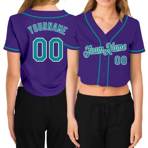 Cropped0186 Custom Women's Purple Aqua-White V-Neck Cropped Baseball Jersey