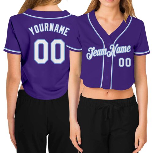 Cropped0189 Custom Women's Purple White-Light Blue V-Neck Cropped Baseball Jersey