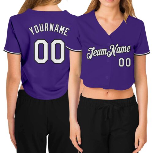 Cropped0191 Custom Women's Purple White-Black V-Neck Cropped Baseball Jersey