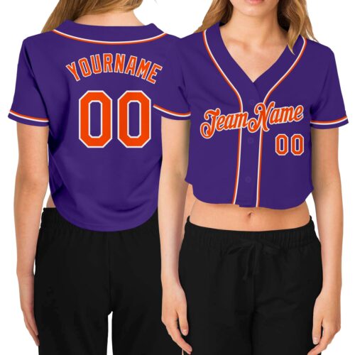 Cropped0192 Custom Women's Purple Orange-White V-Neck Cropped Baseball Jersey