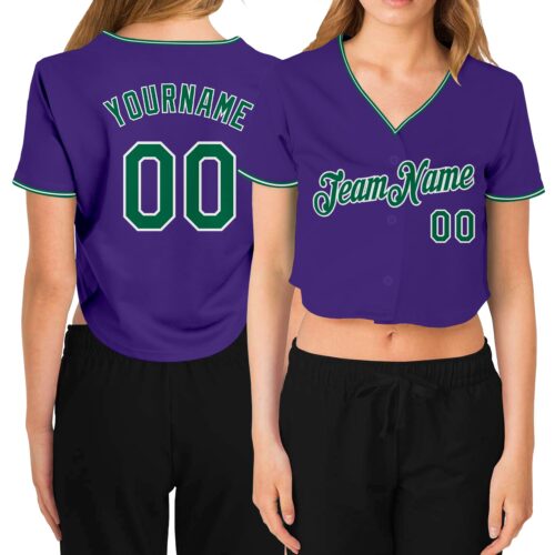 Cropped0193 Custom Women's Purple Kelly Green-White V-Neck Cropped Baseball Jersey