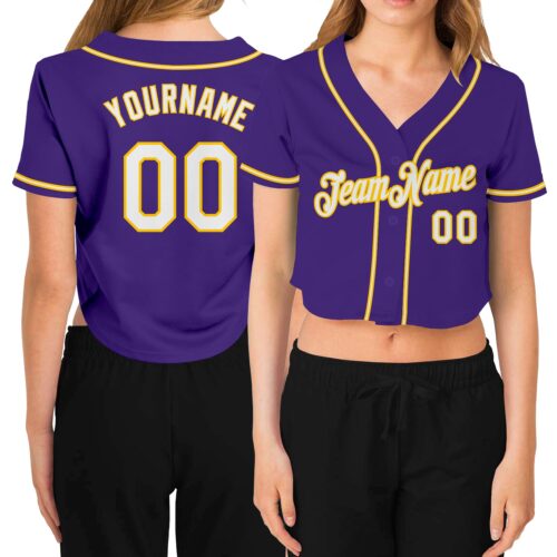 Cropped0194 Custom Women's Purple White-Gold V-Neck Cropped Baseball Jersey