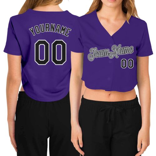 Cropped0195 Custom Women's Purple Black White-Gray V-Neck Cropped Baseball Jersey