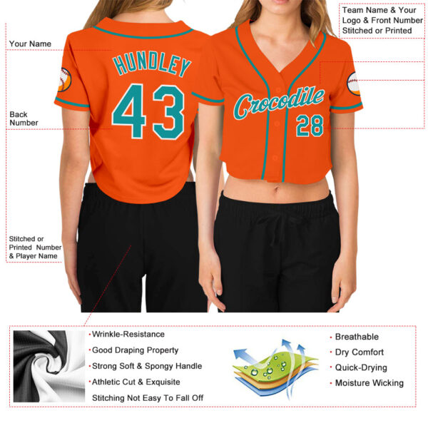 Custom Women's Orange Aqua-White V-Neck Cropped Baseball Jersey
