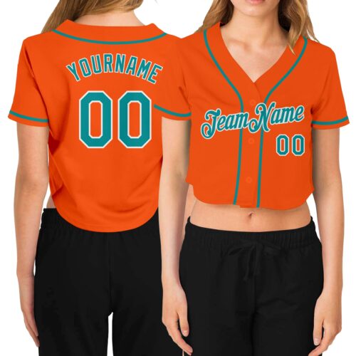 Cropped0203 Custom Women's Orange Aqua-White V-Neck Cropped Baseball Jersey