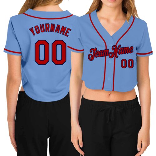 Cropped0206 Custom Women's Light Blue Red-Navy V-Neck Cropped Baseball Jersey