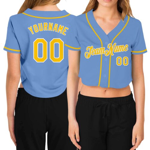 Cropped0207 Custom Women's Light Blue Gold-White V-Neck Cropped Baseball Jersey