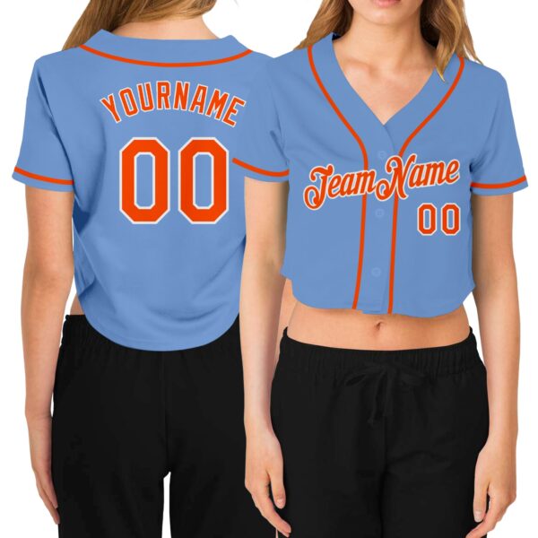 Custom Women's Light Blue Orange-White V-Neck Cropped Baseball Jersey