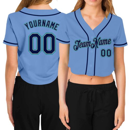 Cropped0209 Custom Women's Light Blue Navy Gray-Aqua V-Neck Cropped Baseball Jersey