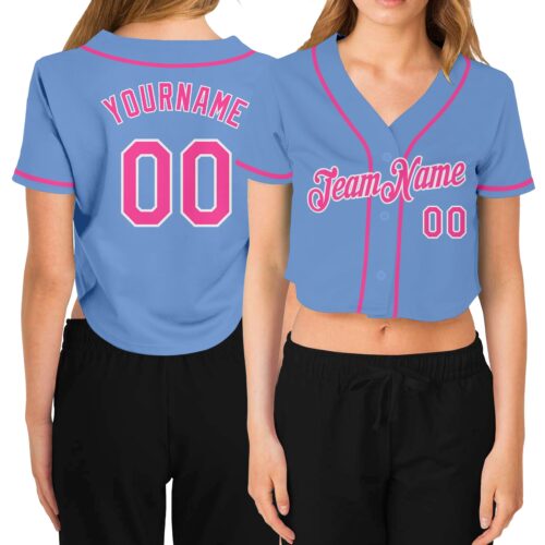 Cropped0211 Custom Women's Light Blue Pink-White V-Neck Cropped Baseball Jersey