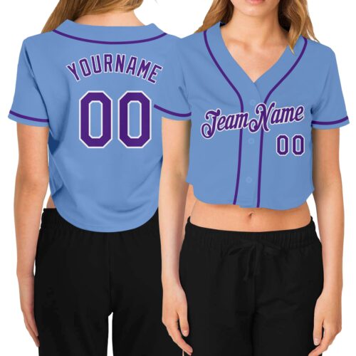 Cropped0212 Custom Women's Light Blue Purple-White V-Neck Cropped Baseball Jersey
