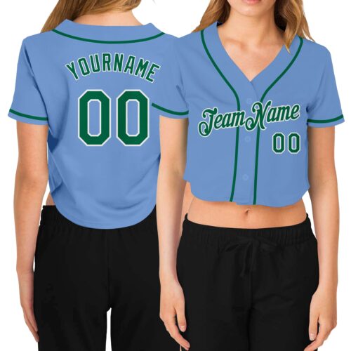 Cropped0213 Custom Women's Light Blue Kelly Green-White V-Neck Cropped Baseball Jersey