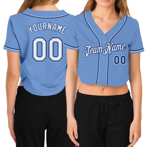 Cropped0215 Custom Women's Light Blue White-Royal V-Neck Cropped Baseball Jersey