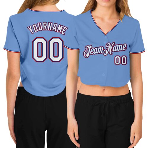 Cropped0216 Custom Women's Light Blue White Royal-Red V-Neck Cropped Baseball Jersey