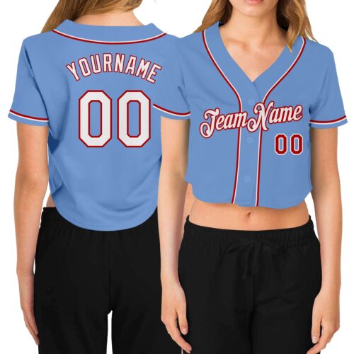 Cropped0217 Custom Women's Light Blue White-Red V-Neck Cropped Baseball Jersey