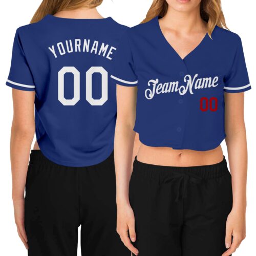 Cropped0218 Custom Women's Royal White-Red V-Neck Cropped Baseball Jersey