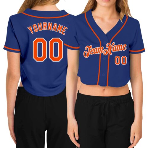 Cropped0221 Custom Women's Royal Orange-White V-Neck Cropped Baseball Jersey