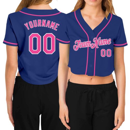 Cropped0222 Custom Women's Royal Pink-White V-Neck Cropped Baseball Jersey