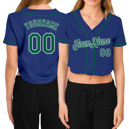 Cropped0223 Custom Women's Royal Kelly Green-White V-Neck Cropped Baseball Jersey