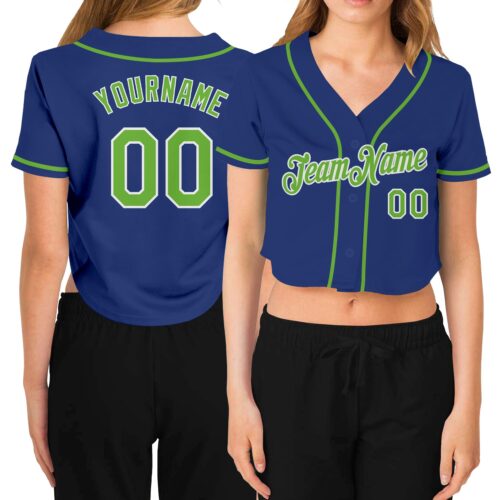 Cropped0224 Custom Women's Royal Neon Green-White V-Neck Cropped Baseball Jersey