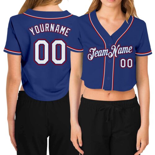 Cropped0226 Custom Women's Royal White-Red V-Neck Cropped Baseball Jersey