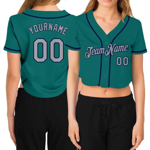 Cropped0235 Custom Women's Aqua Gray-Navy V-Neck Cropped Baseball Jersey