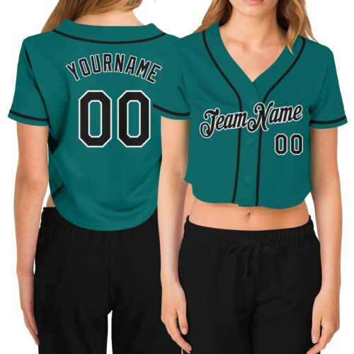 Cropped0236 Custom Women's Aqua Black-White V-Neck Cropped Baseball Jersey