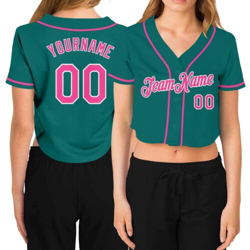 Cropped0237 Custom Women's Aqua Pink-White V-Neck Cropped Baseball Jersey