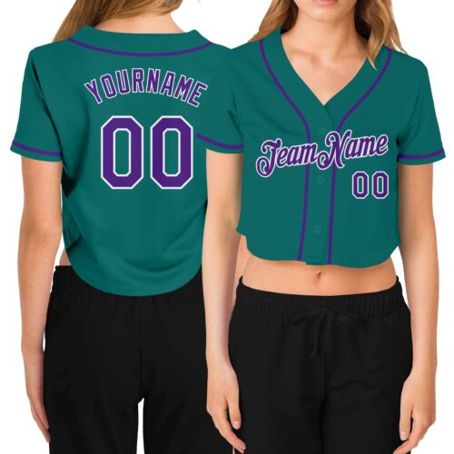 Cropped0238 Custom Women's Aqua Purple-White V-Neck Cropped Baseball Jersey