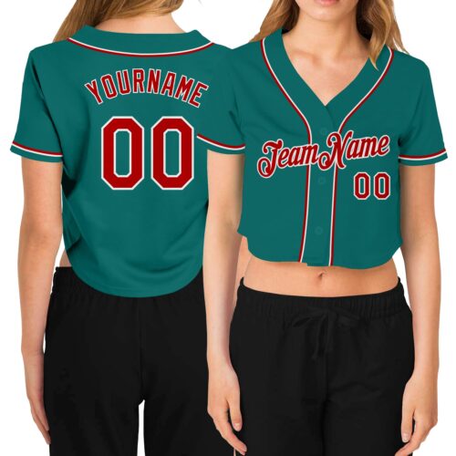 Cropped0239 Custom Women's Aqua Red-White V-Neck Cropped Baseball Jersey