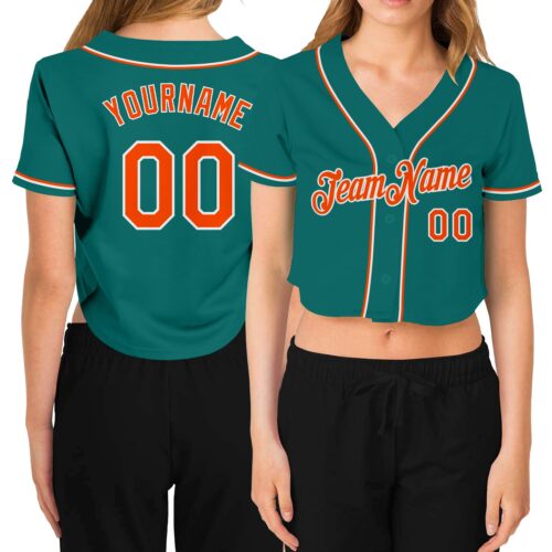 Cropped0241 Custom Women's Aqua Orange-White V-Neck Cropped Baseball Jersey