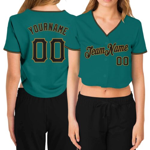 Cropped0242 Custom Women's Aqua Black-Old Gold V-Neck Cropped Baseball Jersey