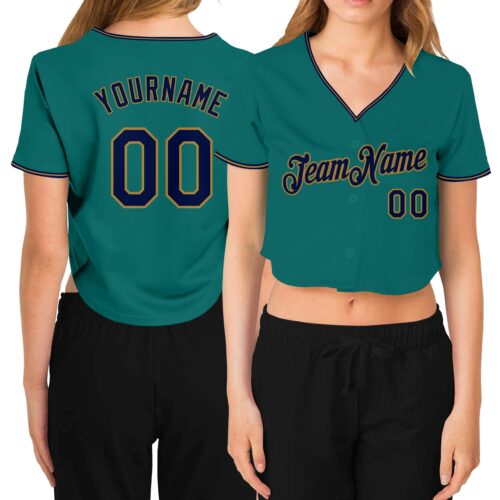 Cropped0243 Custom Women's Aqua Navy-Old Gold V-Neck Cropped Baseball Jersey