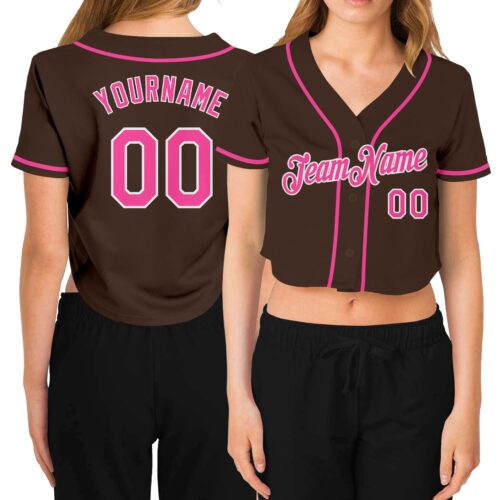 Cropped0244 Custom Women's Brown Pink-White V-Neck Cropped Baseball Jersey