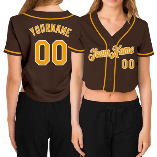 Cropped0245 Custom Women's Brown Gold-White V-Neck Cropped Baseball Jersey