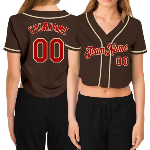 Cropped0247 Custom Women's Brown Red-Cream V-Neck Cropped Baseball Jersey