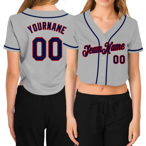 Cropped0251 Custom Women's Gray Navy-Red V-Neck Cropped Baseball Jersey