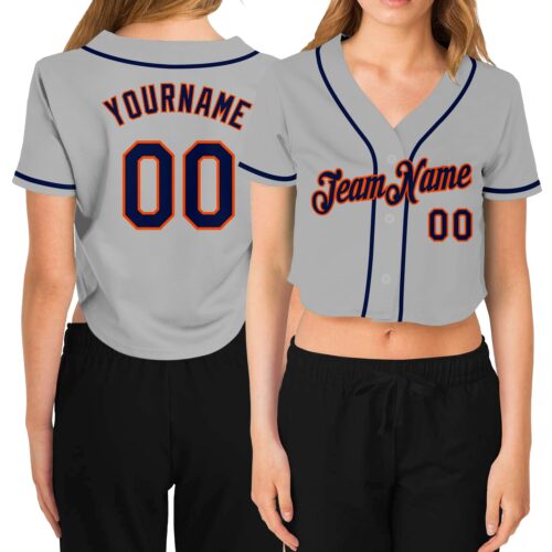 Cropped0252 Custom Women's Gray Navy-Orange V-Neck Cropped Baseball Jersey