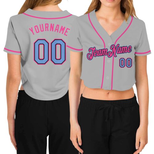 Cropped0254 Custom Women's Gray Light Blue Black-Pink V-Neck Cropped Baseball Jersey