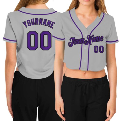 Cropped0255 Custom Women's Gray Purple-Black V-Neck Cropped Baseball Jersey