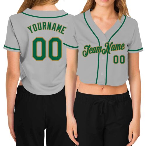 Cropped0256 Custom Women's Gray Kelly Green-Old Gold V-Neck Cropped Baseball Jersey