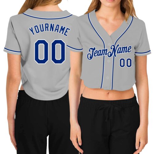 Cropped0257 Custom Women's Gray Royal-White V-Neck Cropped Baseball Jersey