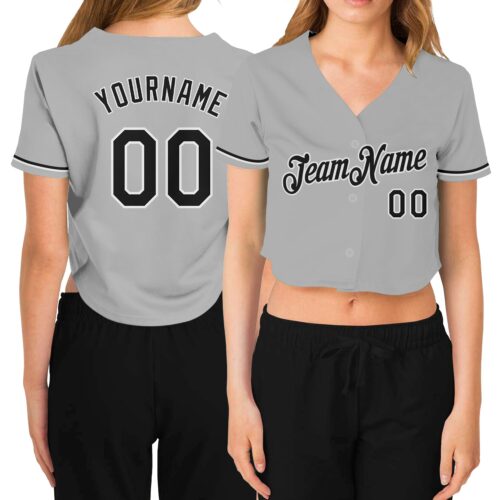 Cropped0259 Custom Women's Gray Black-White V-Neck Cropped Baseball Jersey