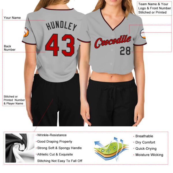 Custom Women's Gray Red-Black V-Neck Cropped Baseball Jersey