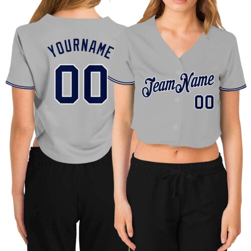 Cropped0261 Custom Women's Gray Navy-White V-Neck Cropped Baseball Jersey