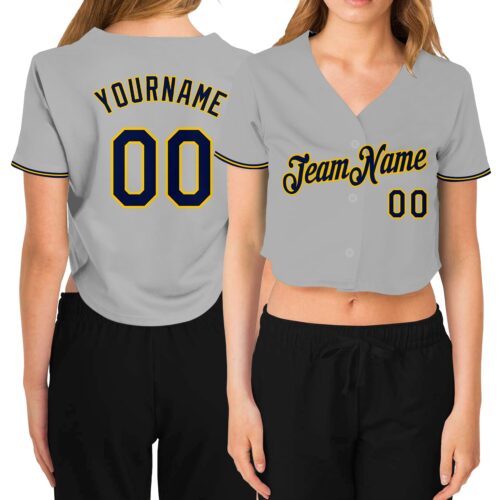 Cropped0262 Custom Women's Gray Navy-Gold V-Neck Cropped Baseball Jersey