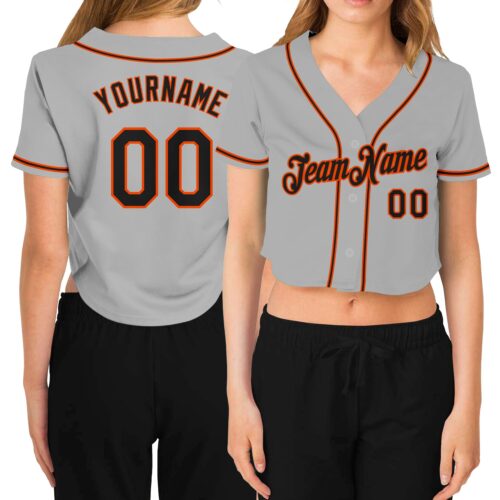 Cropped0263 Custom Women's Gray Black-Orange V-Neck Cropped Baseball Jersey