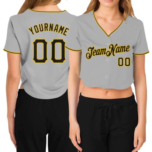 Cropped0265 Custom Women's Gray Black-Gold V-Neck Cropped Baseball Jersey