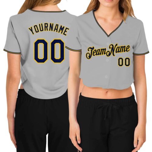 Cropped0266 Custom Women's Gray Navy-Gold V-Neck Cropped Baseball Jersey